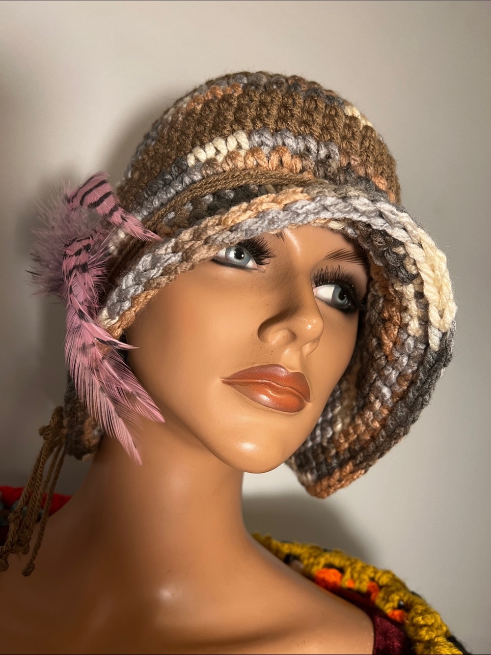 Handmade Multicolor Crochet Cloche Hat with Pink Feather